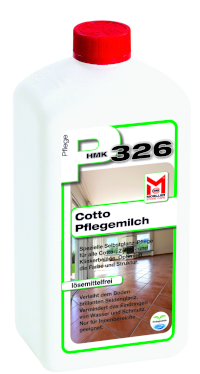 Reinigung stark beanspruchter unglasierter Fliesen mit HMK P326 Cotto-Pflegemilch